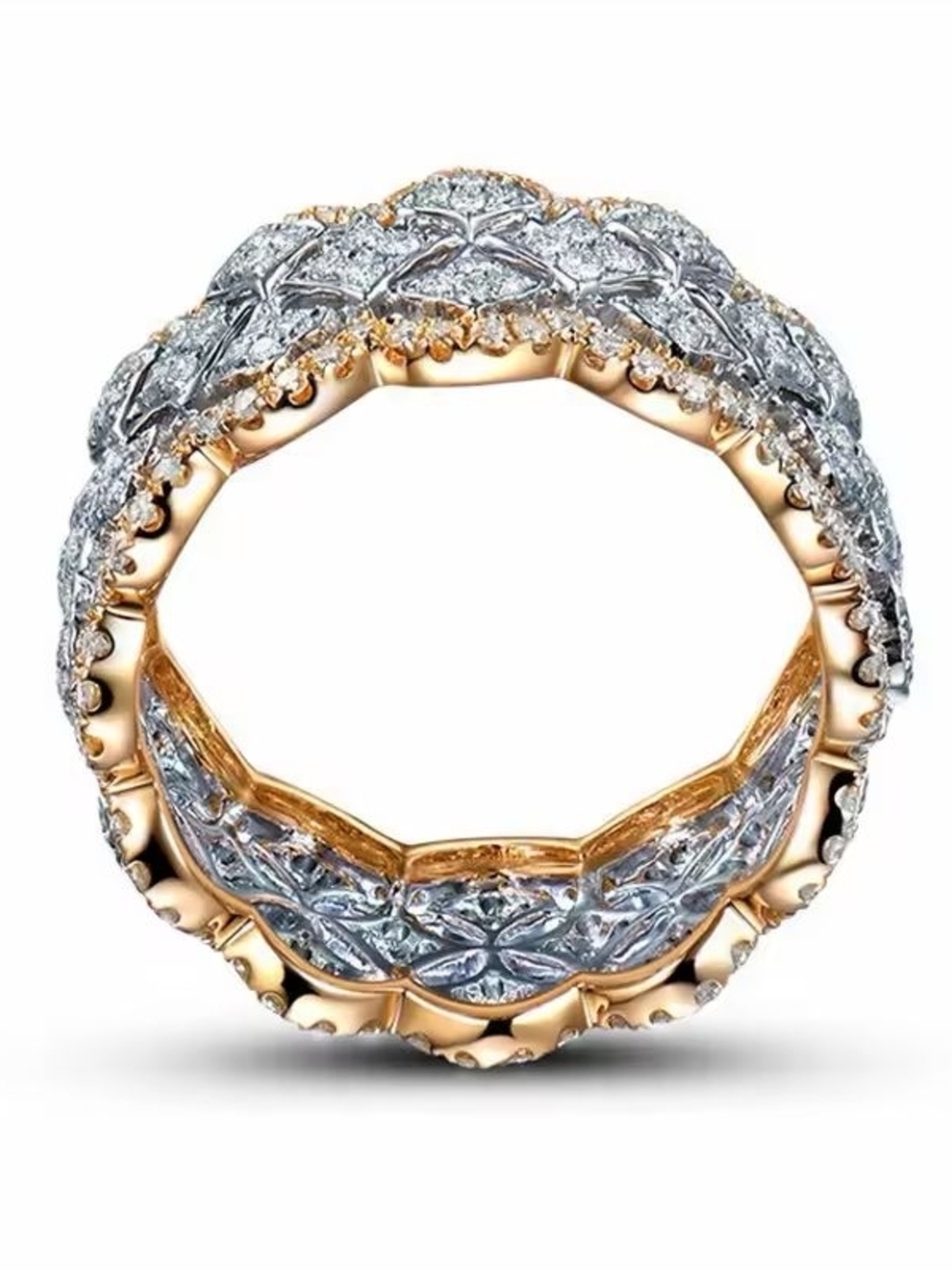 Two-Tone Gold and Silver Pavé Lattice Band Ring - Picture 5 of 7